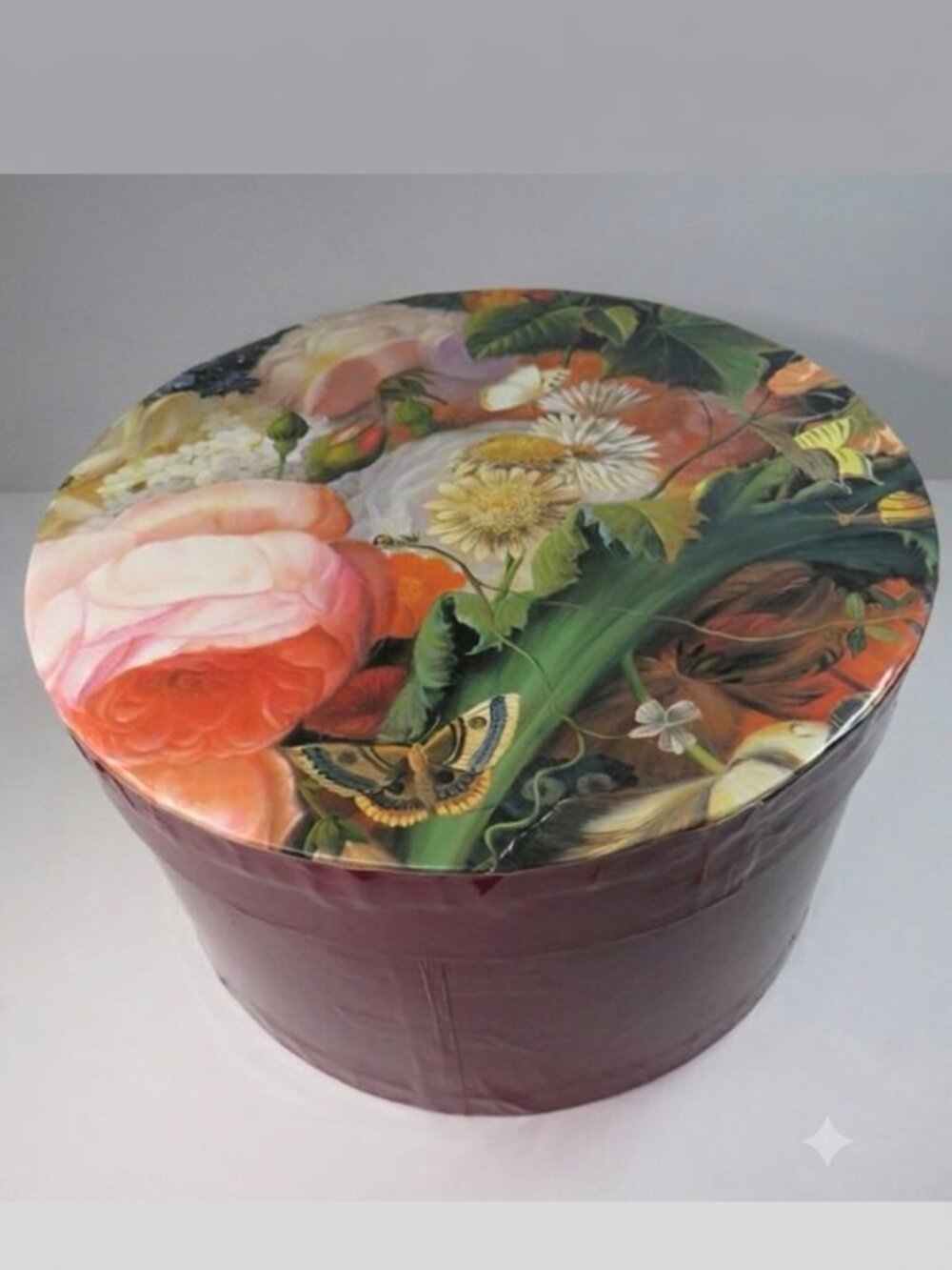 Vintage Floral Round Hat Box 10" High Gloss Burgundy Rose Butterfly Storage Box